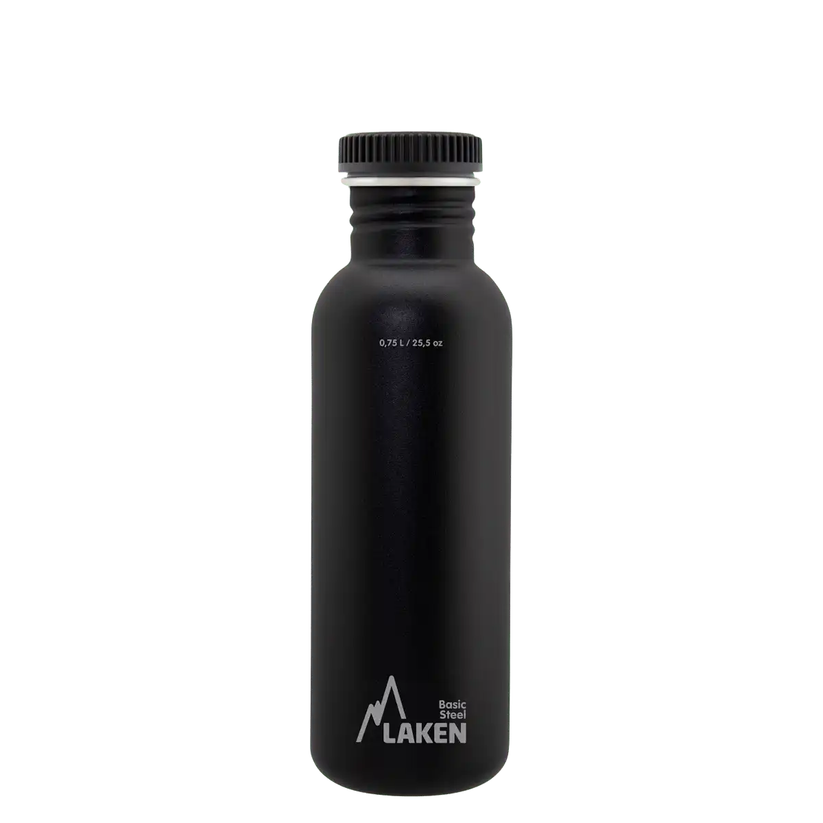 Botella de acero BASIC STEEL negra de 0,75 litros con tapón PLAIN de polipropileno
