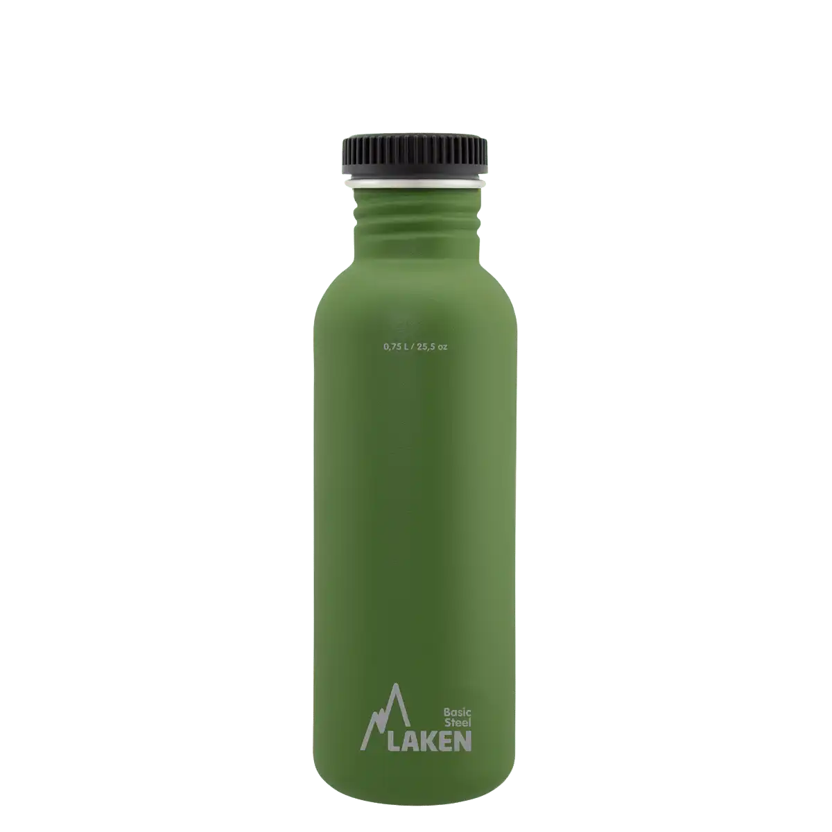 Botella de acero BASIC STEEL verde oliva de 0,75 litros con tapón PLAIN de polipropileno