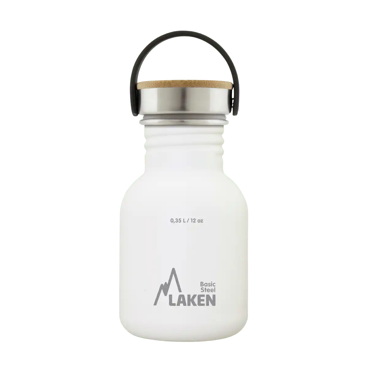 Botella de acero BASIC STEEL blanca de 0,35 litros con tapón BAMBÚ