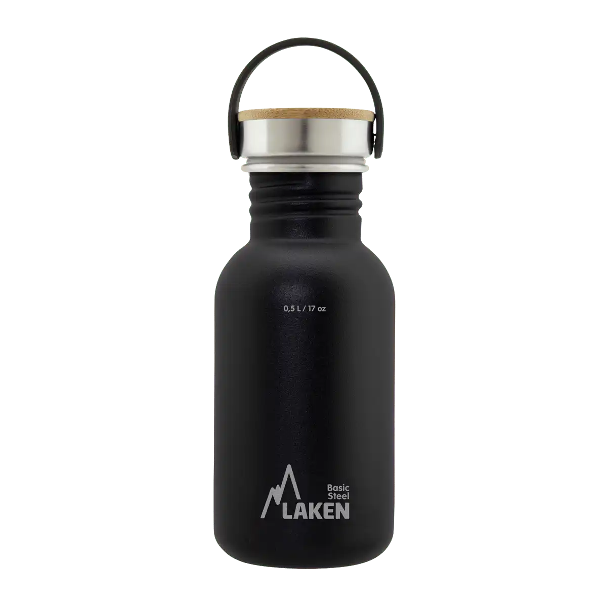 Botella de acero BASIC STEEL negra de 0,5 litros con tapón BAMBÚ