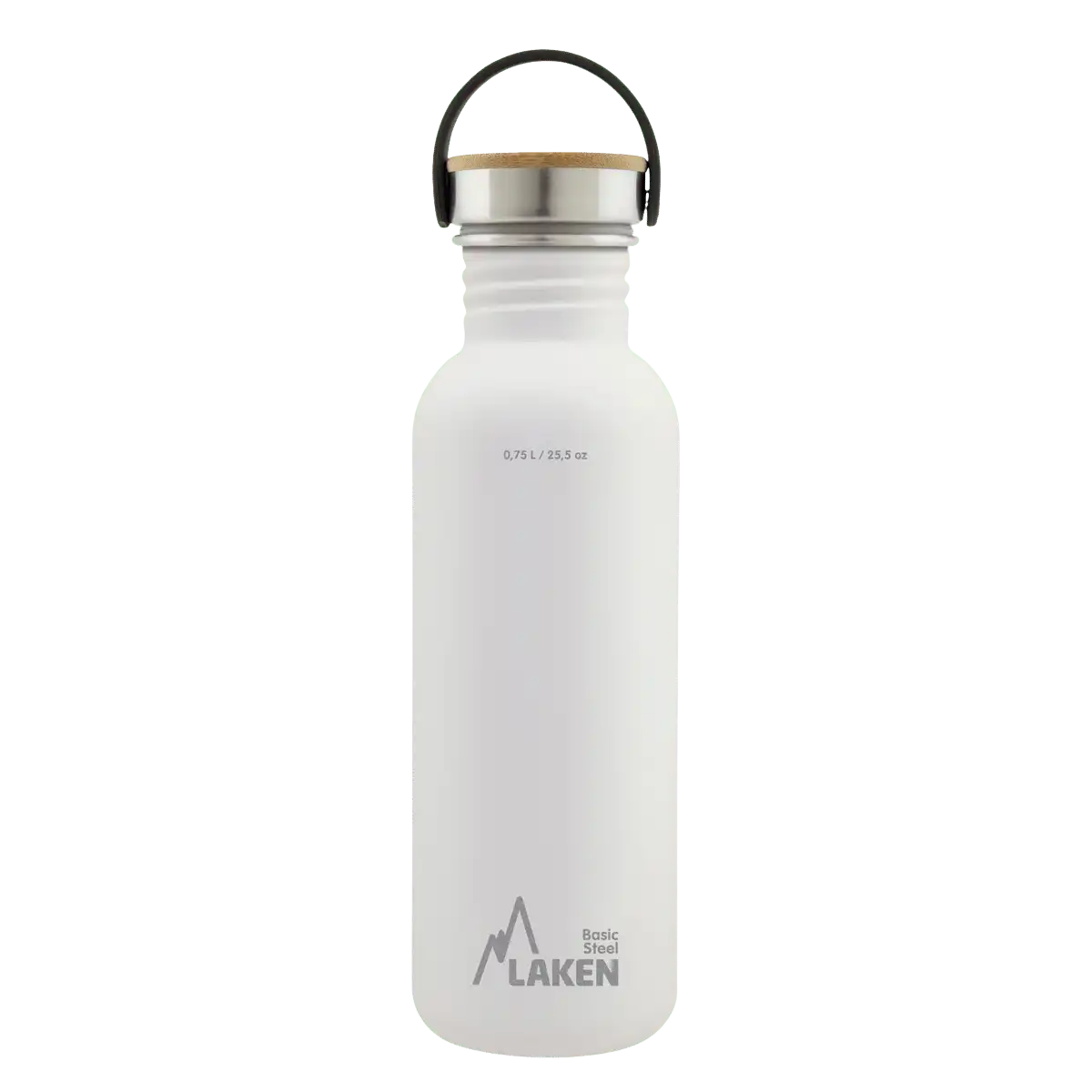 Botella de acero BASIC STEEL blanca de 0,75 litros con tapón BAMBÚ