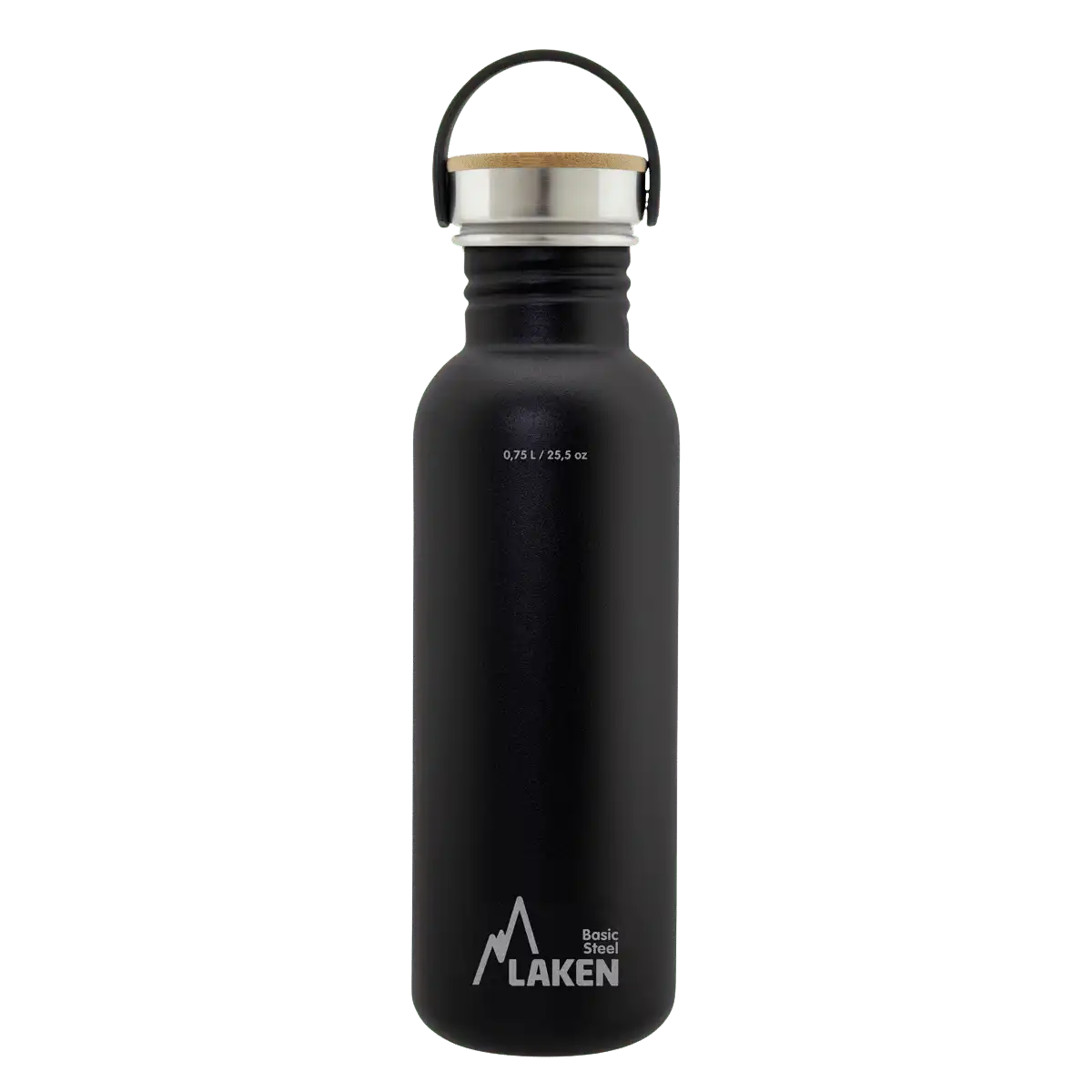 Botella de acero BASIC STEEL negra de 0,75 litros con tapón BAMBÚ