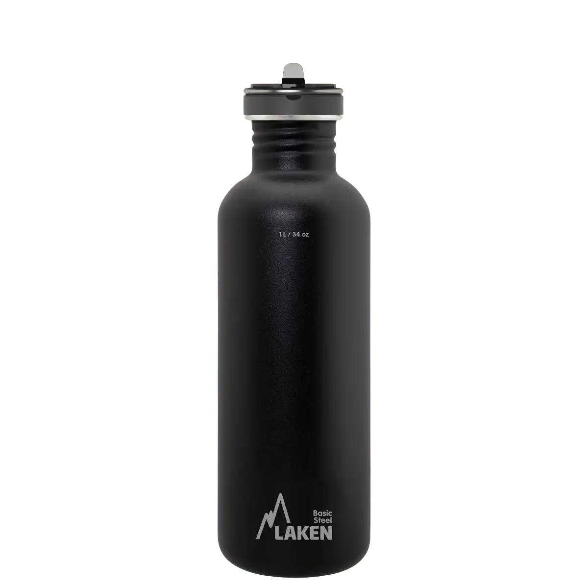 Botella de acero BASIC STEEL negra de 1 litro con tapón FLOW