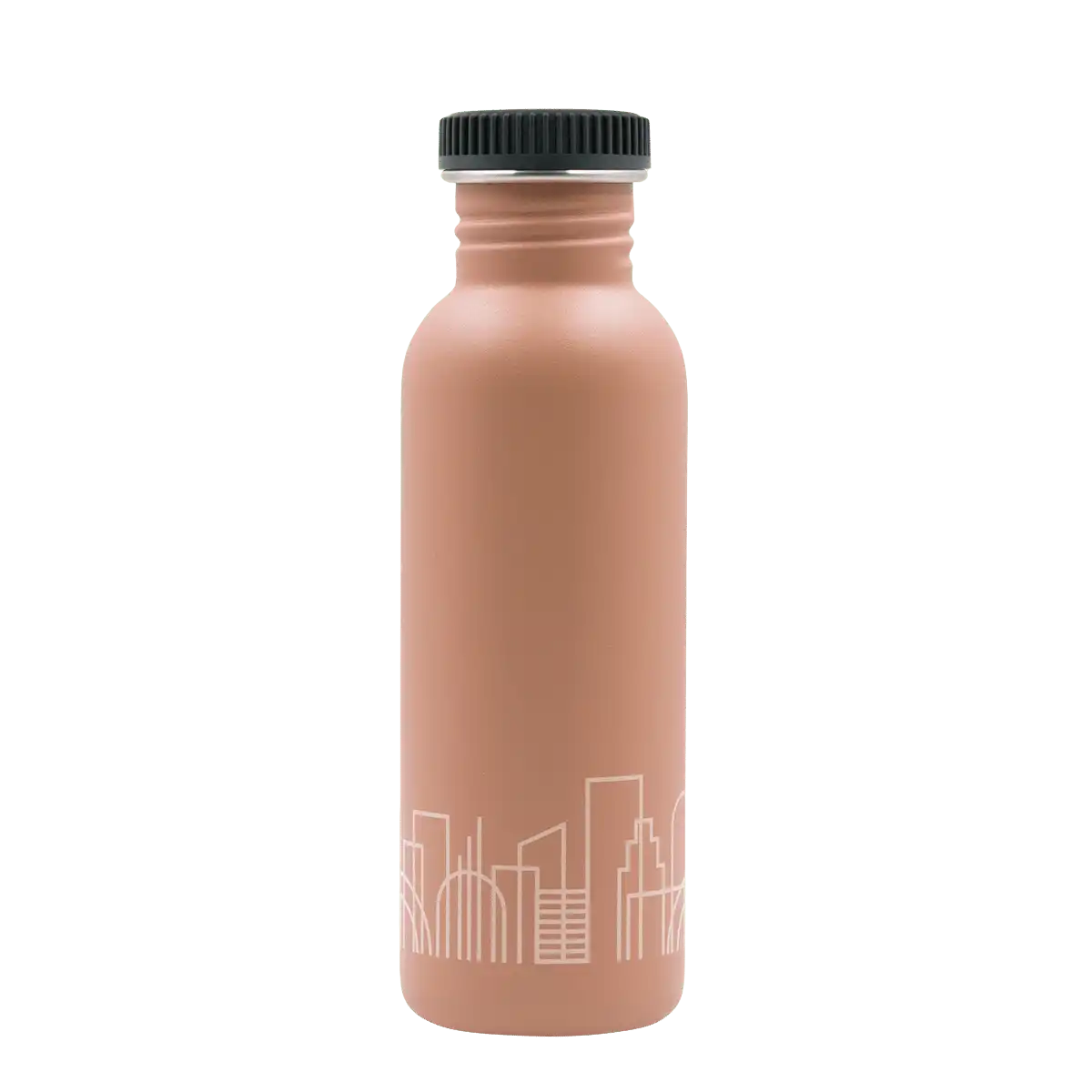 Botella de acero BASIC STEEL con tapón PLAIN de polipropileno de color salmón de 0,75 litros con ilustración de edificios