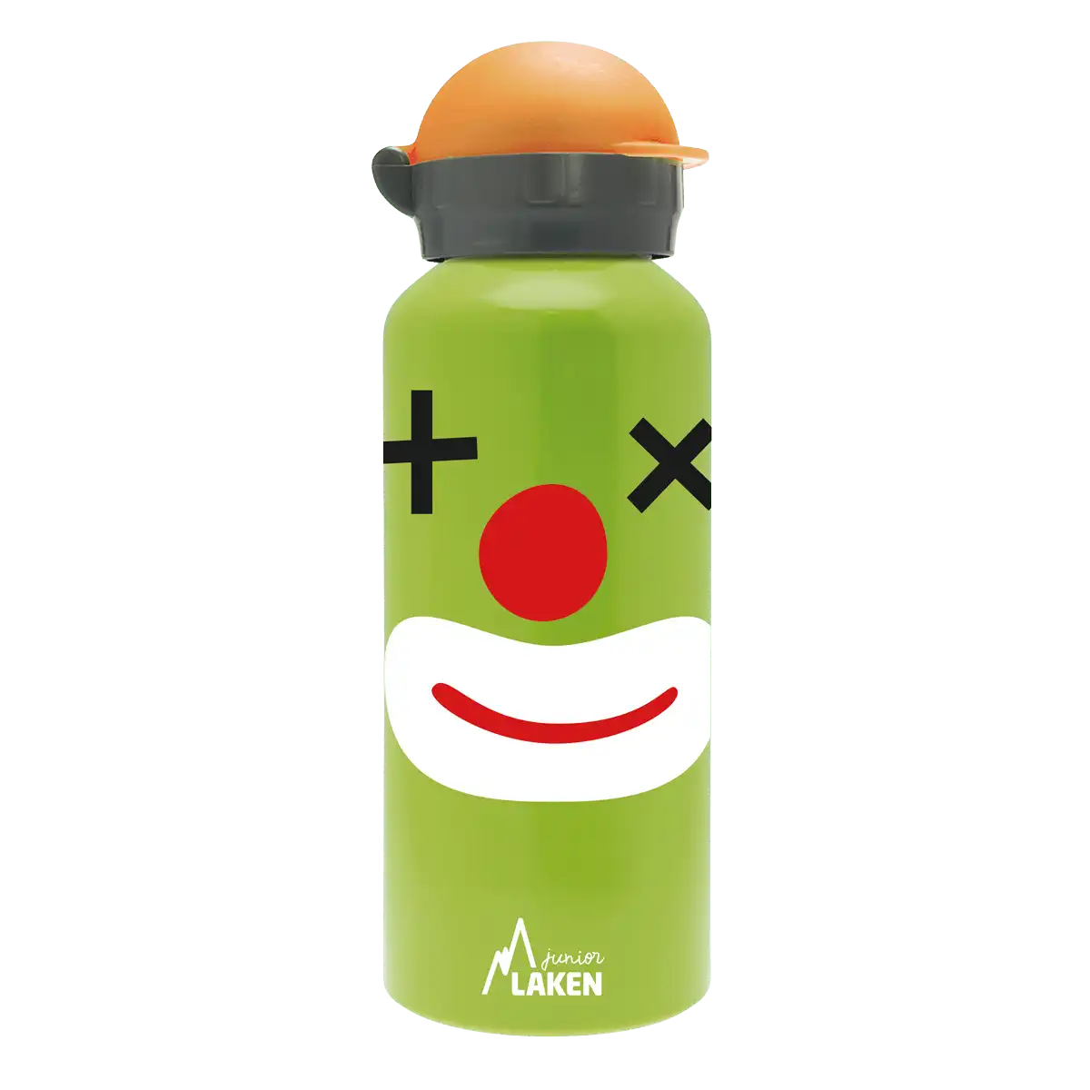 Botella de aluminio verde con tapón Hit naranja con diseño de una cara de un payaso