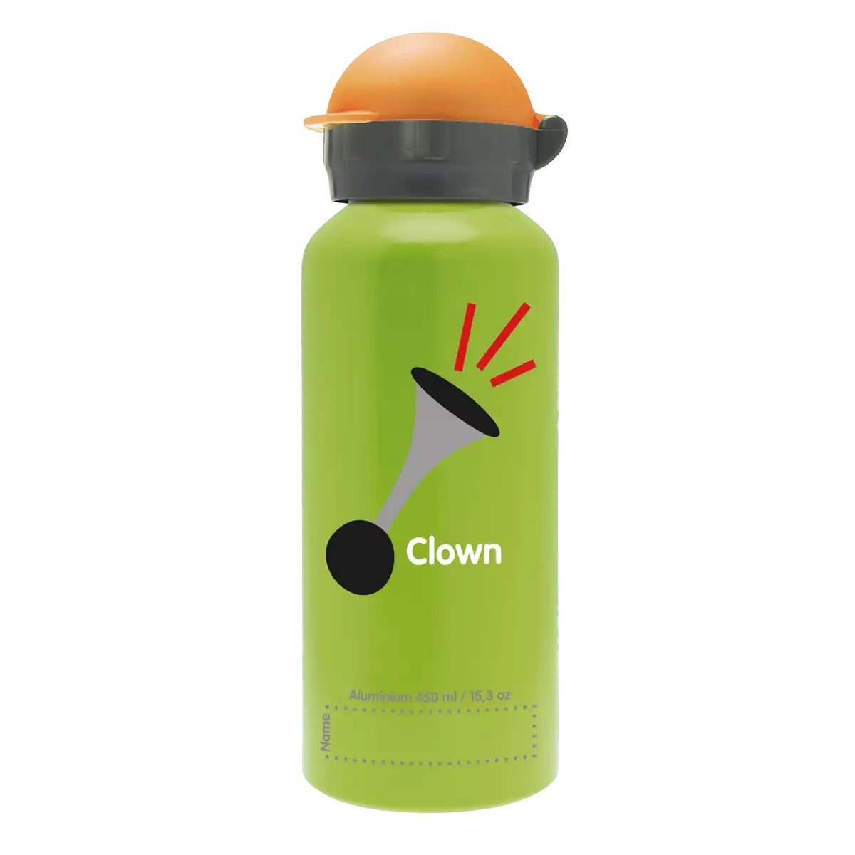 Vista trasera de botella de aluminio verde con tapón Hit naranja con diseño de una cara de un payaso