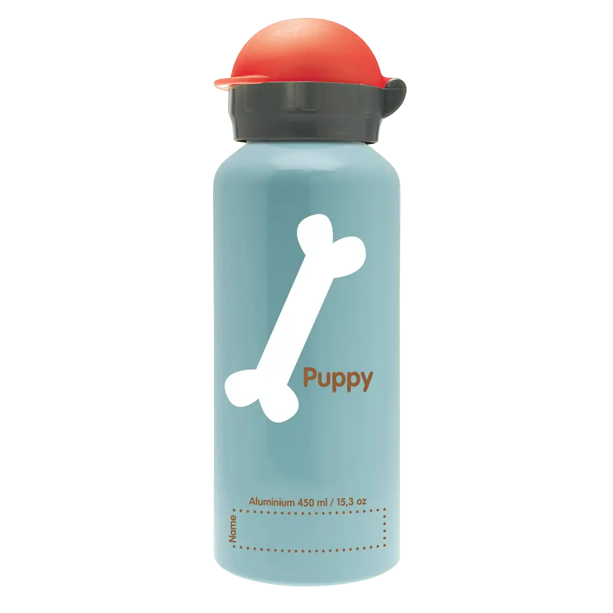 Vista trasera de botella de aluminio azul con tapón Hit rojo con diseño de una cara de un perro