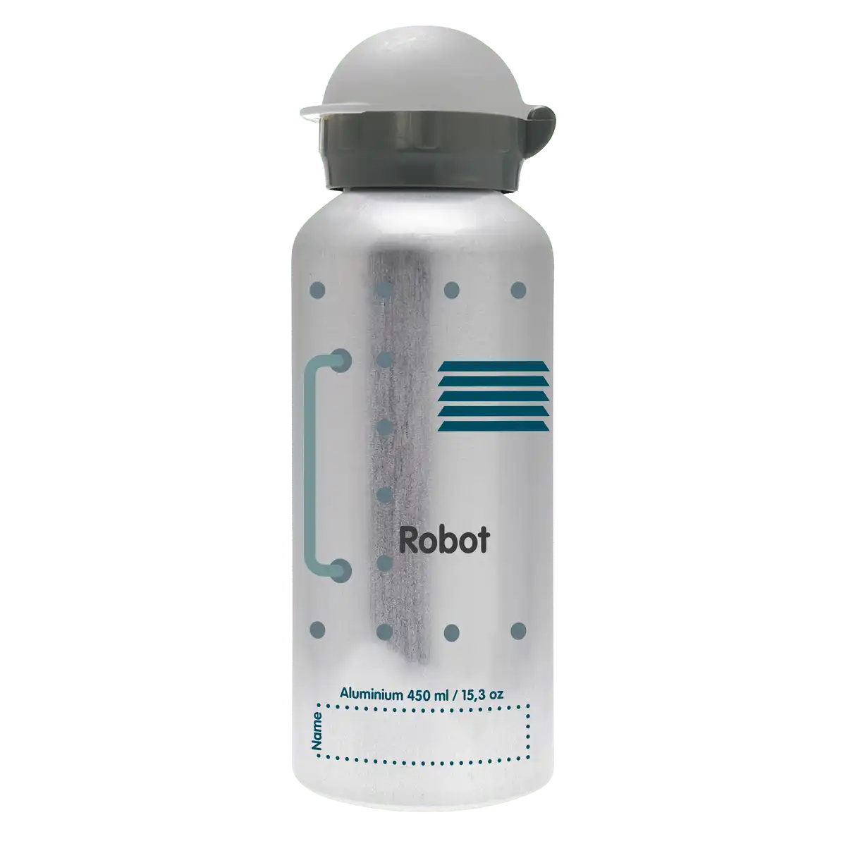 Vista trasera de botella de aluminio gris con tapón Hit gris con diseño de una cara de un robot