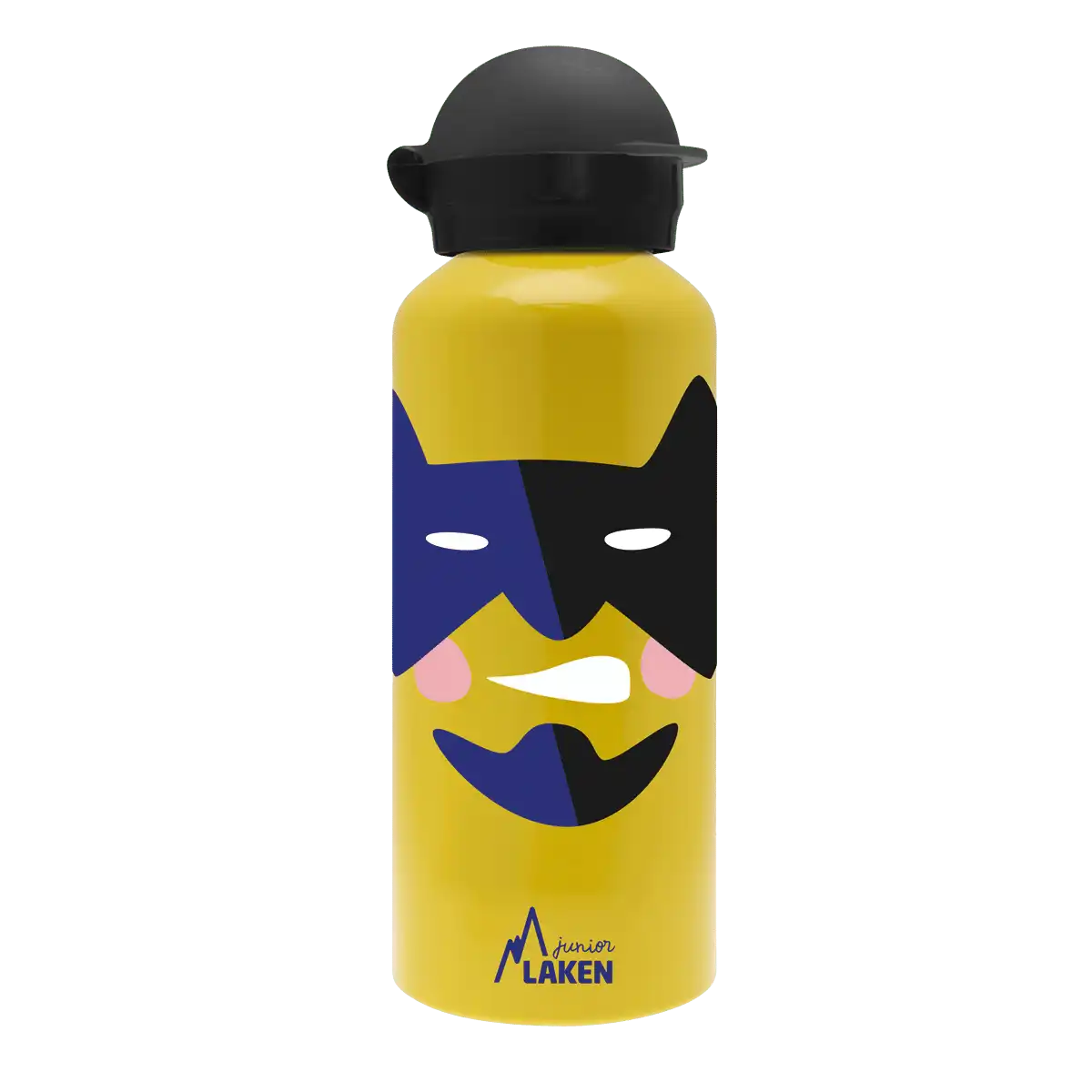 Botella de aluminio amarilla con tapón Hit negro con diseño de una cara de un superhéroe