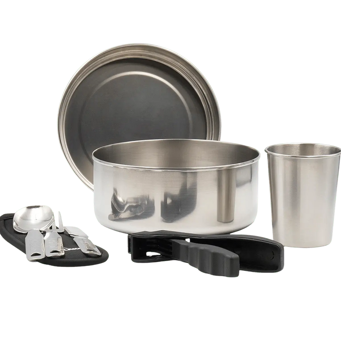Set de Camping de Acero Inoxidable – Cazo, Tapa, Mango, Cubiertos y Vaso
