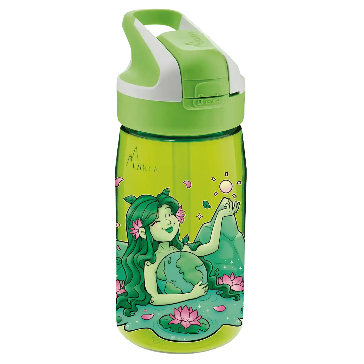 Botella de Tritan verde con tapón Summit y diseño de la diosa Gaia abrazando al planeta