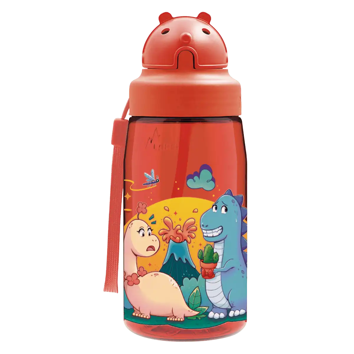 Botella de Tritan roja con tapón Oby y diseño de dos dinosaurios enfrente de un volcán en erupción