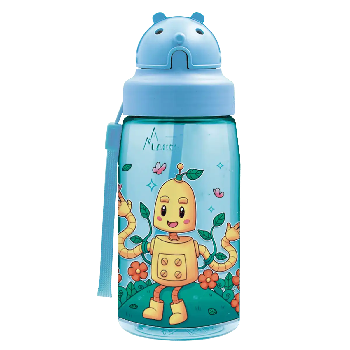 Botella de Tritan azul con tapón Oby y diseño de un robot en sintonía con la naturaleza