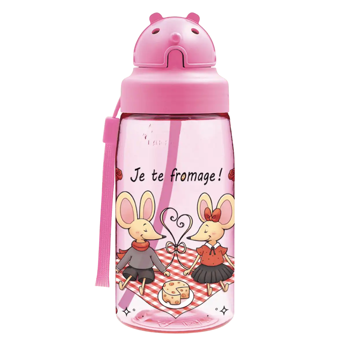 Botella de Tritan rosa con tapón Oby y diseño de un dos ratones teniendo una cena romántica