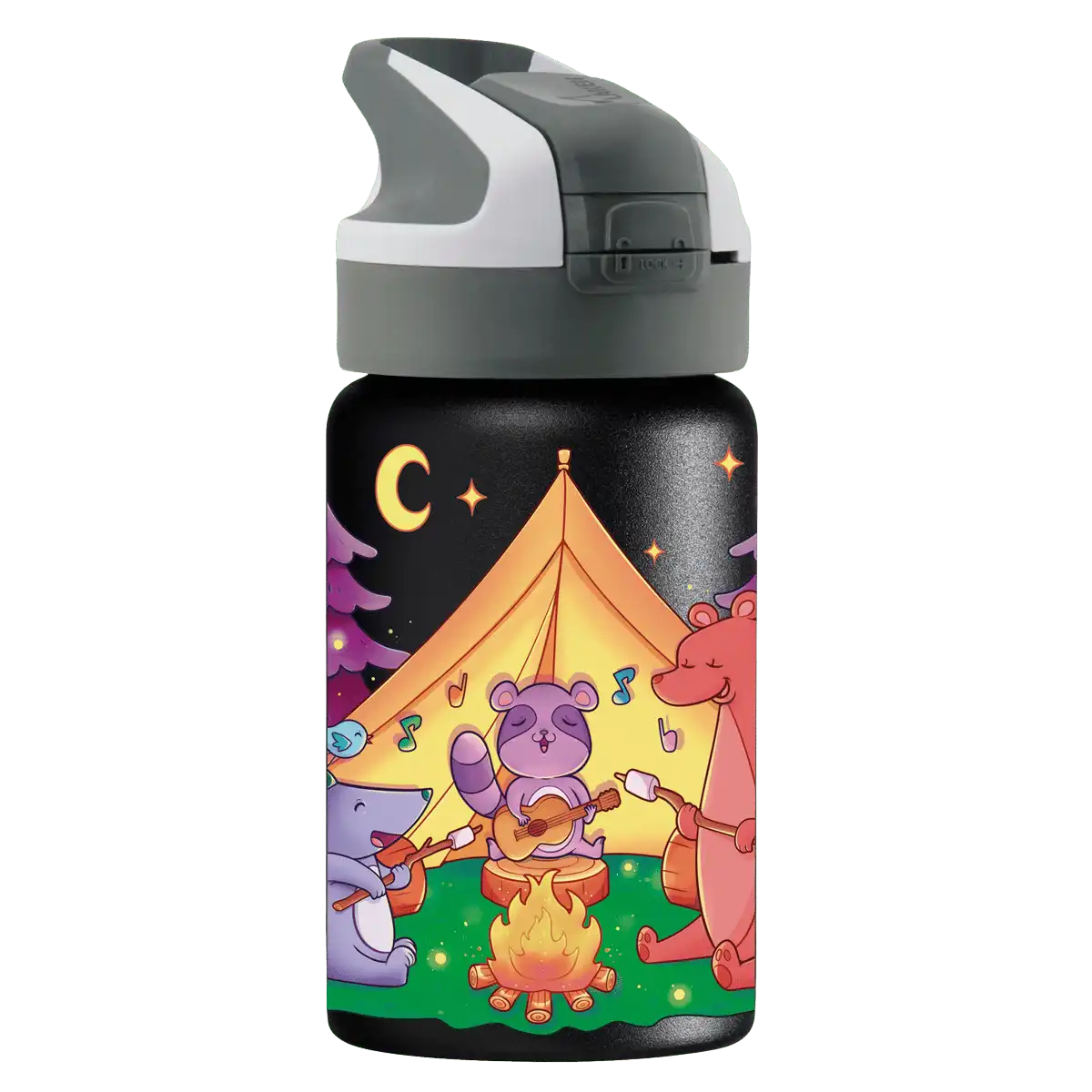 Botella térmica negra con tapón Summit con diseño de unos animales cantando alrededor de una hoguera