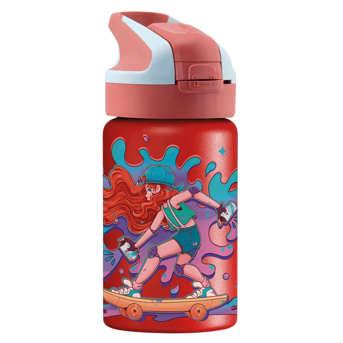 Botella térmica roja con tapón Summit con diseño de una chica en su skate pintando un grafiti